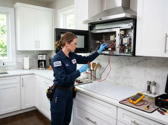 Appliance Repair Hero technician testing an over-the-range microwave in a Boulevard, CA kitchen